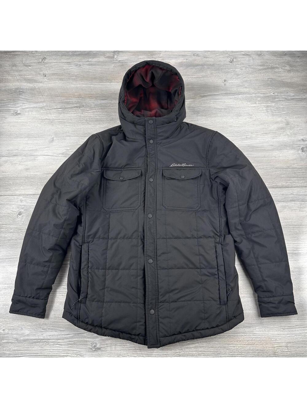 Eddie Bauer Boundary Pass Hooded Snap Jacket Mens Med Black Buffalo Plaid Lined